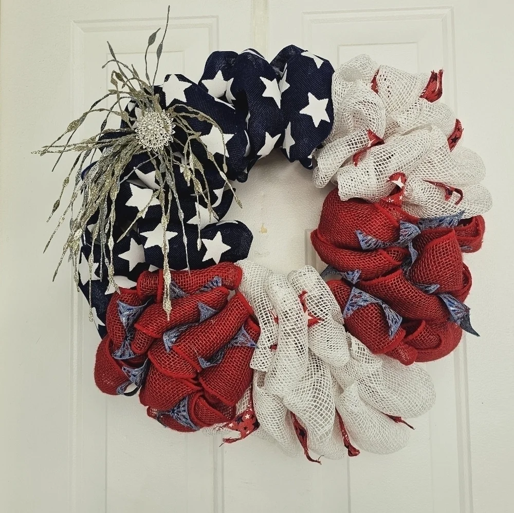 Handmade patriotic Fourth of July holiday wreath door hanger home decor